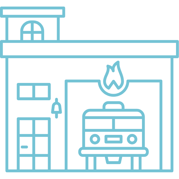 an outline of a building with a fire truck in it