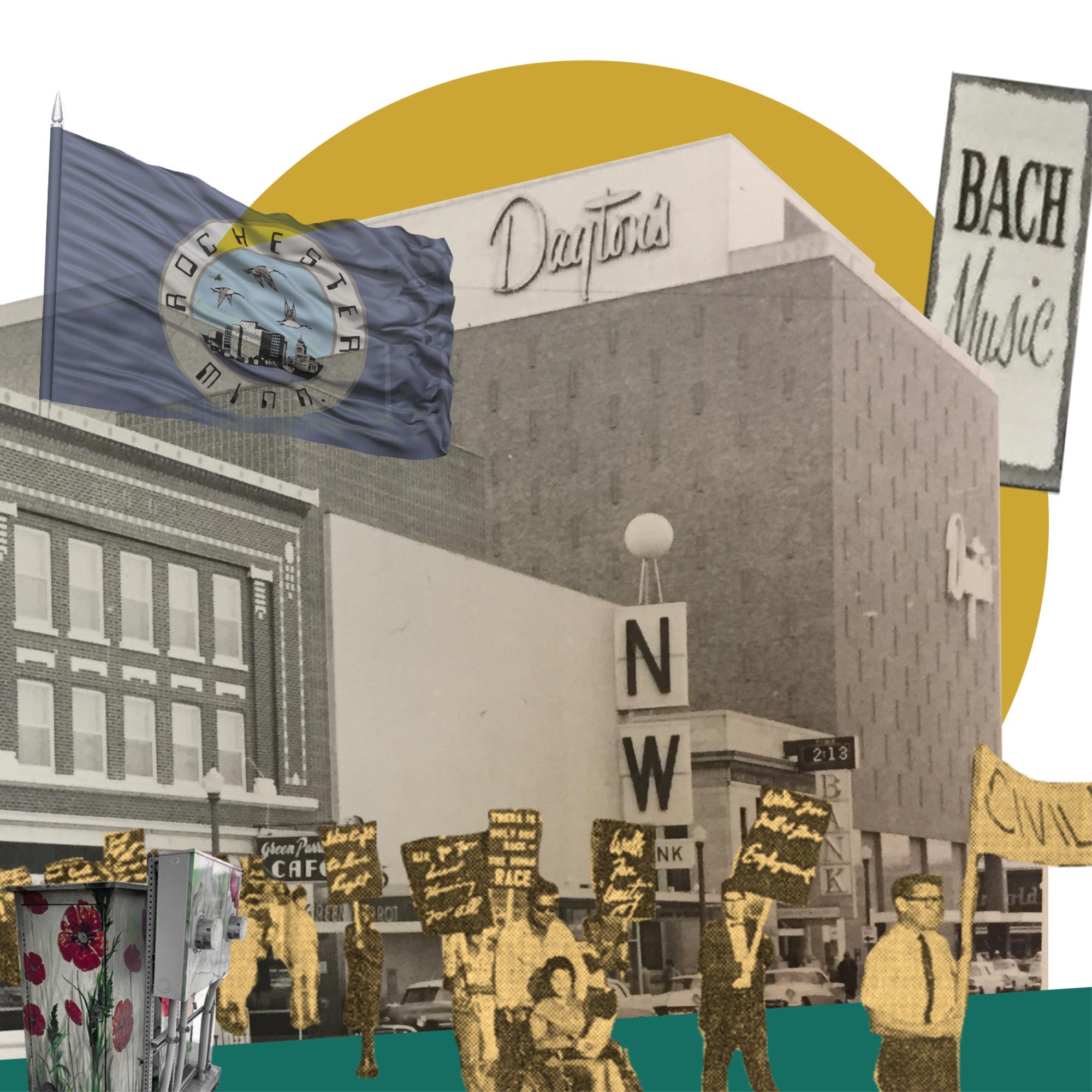 collage of historic images of downtown rochester and the old minnesota flag