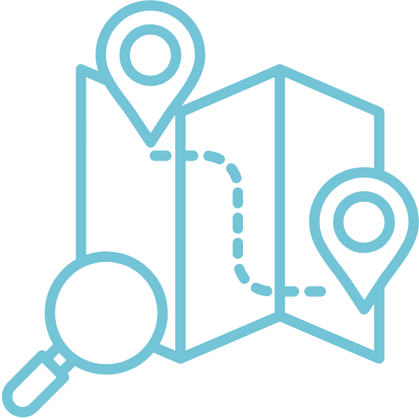 map icon with pinpoints and magnifying glass