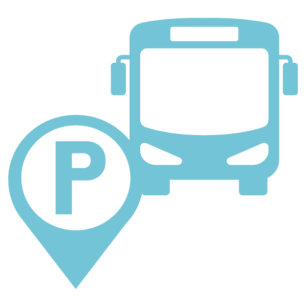 a parking sign and a bus